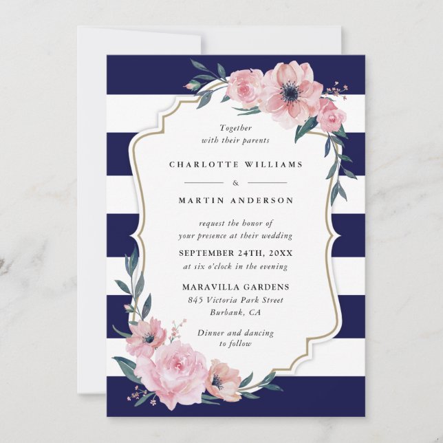 Elegant Navy Blue Blush Pink Floral Wedding Invitation (Front)