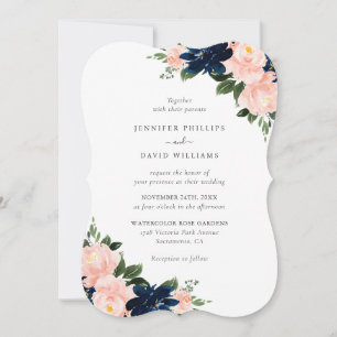 Elegant Navy Blue Blush Pink Floral Wedding Invitation