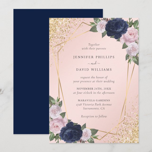 Elegant Navy Blue Blush Pink Geo Gold Wedding Invitation (Front/Back)