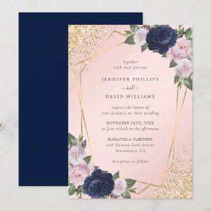 Elegant Navy Blue Blush Pink Geo Gold Wedding Invitation