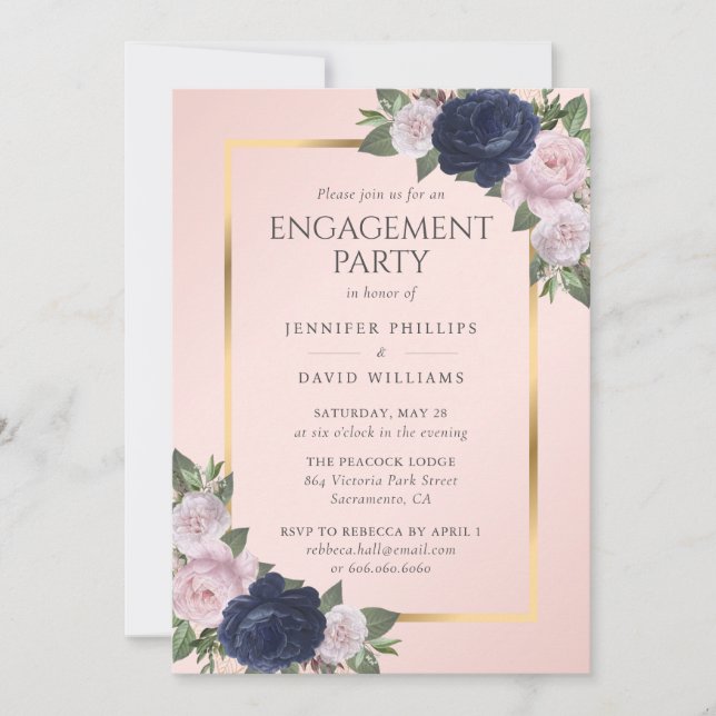 Elegant Navy Blue Blush Pink Gold Engagement Party Invitation (Front)