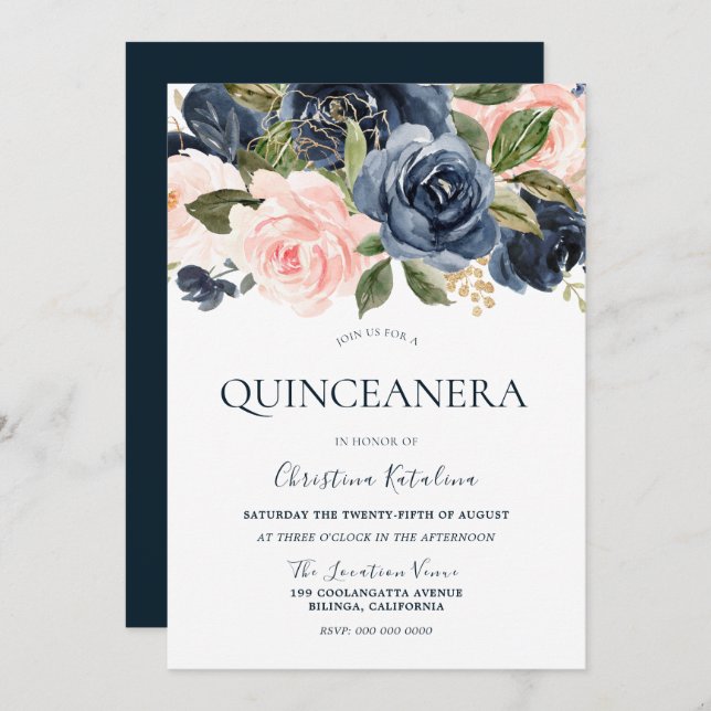 Elegant Navy Blue & Blush Pink Quinceanera Invitation (Front/Back)