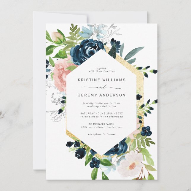Elegant Navy Blue Blush Pink Rose Floral Wedding Invitation (Front)