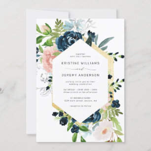 Elegant Navy Blue Blush Pink Rose Floral Wedding Invitation