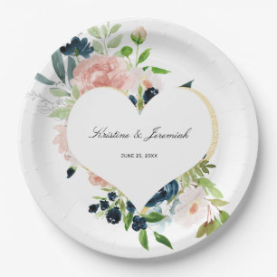 Elegant Navy Blue Blush Pink Rose Floral Wedding Paper Plate