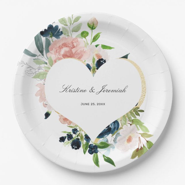 Elegant Navy Blue Blush Pink Rose Floral Wedding Paper Plate (Front)