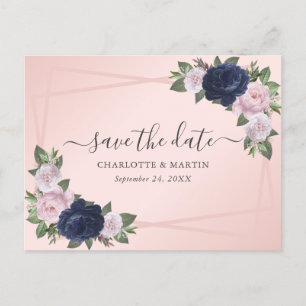 Elegant Navy Blue Blush Pink Wedding Save The Date Announcement Postcard
