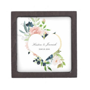 Elegant Navy Blue Blush Rose Floral Heart Wedding Gift Box
