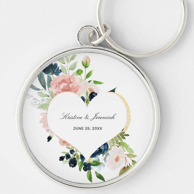 Elegant Navy Blue Blush Rose Floral Heart Wedding Key Ring (Front)