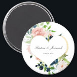 Elegant Navy Blue Blush Rose Floral Heart Wedding  Magnet<br><div class="desc">These custom floral magnets will be perfect to give your guests as wedding favors. This elegant design template features a faux gold heart accented with hand painted navy blue and blush pink watercolor roses with greenery. Personalize your names and wedding date in black script typography. Please check out our I...</div>