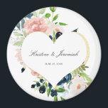 Elegant Navy Blue Blush Rose Floral Heart Wedding  Magnet<br><div class="desc">These custom floral magnets will be perfect to give your guests as wedding favors. This elegant design template features a faux gold heart accented with hand painted navy blue and blush pink watercolor roses with greenery. Personalize your names and wedding date in black script typography. Please check out our I...</div>