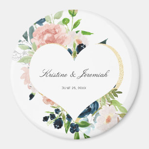 Elegant Navy Blue Blush Rose Floral Heart Wedding Magnet