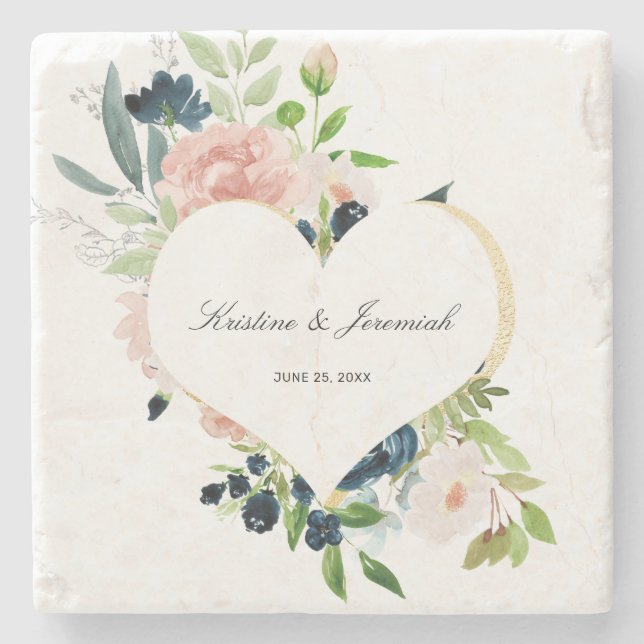 Elegant Navy Blue Blush Rose Floral Heart Wedding Stone Coaster (Front)