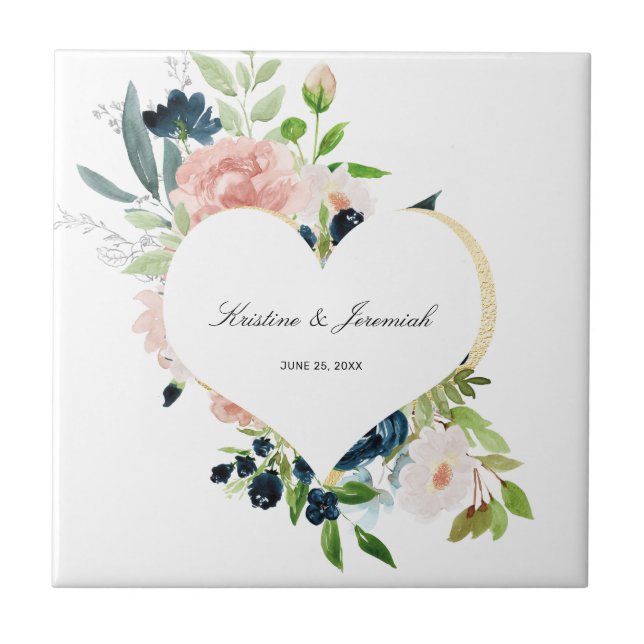 Elegant Navy Blue Blush Rose Floral Heart Wedding Tile (Front)