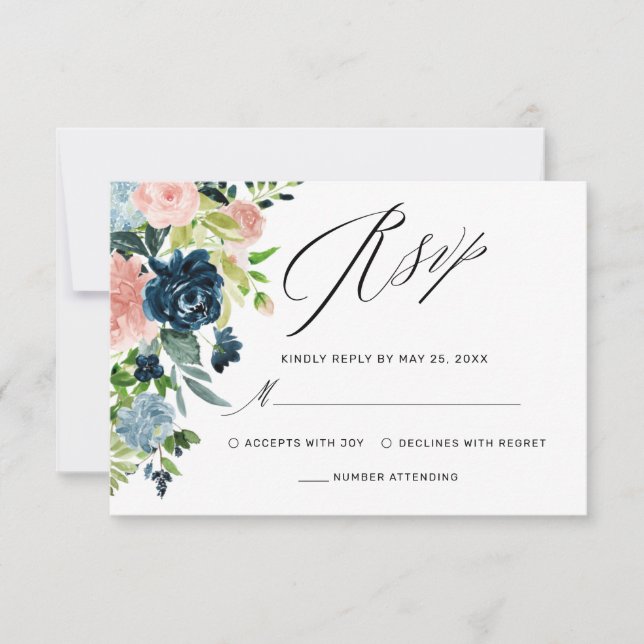 Elegant Navy Blue Blush Rose Floral Wedding RSVP Card (Front)