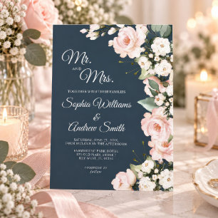 Elegant Navy Blue & Blush Rose Flowers Wedding Invitation