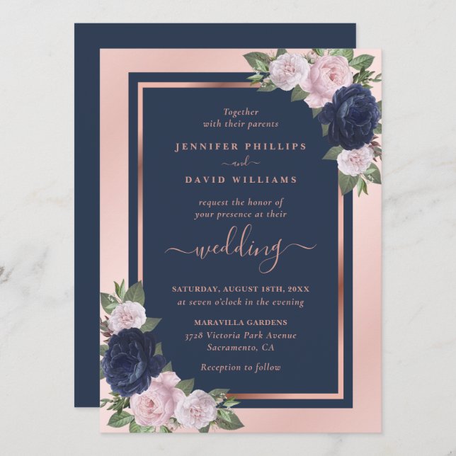 Elegant Navy Blue Blush Rose Gold Floral Wedding Invitation (Front/Back)