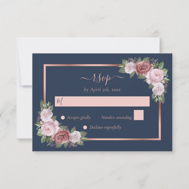 Elegant Navy Blue Blush Rose Gold Floral Wedding RSVP Card (Front)