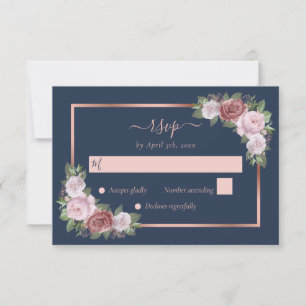 Elegant Navy Blue Blush Rose Gold Floral Wedding RSVP Card