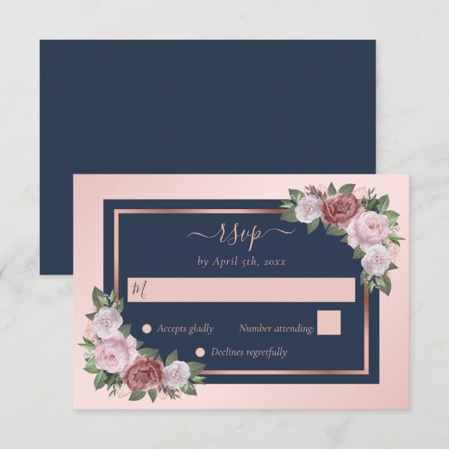 Elegant Navy Blue Blush Rose Gold Floral Wedding RSVP Card (Front/Back)