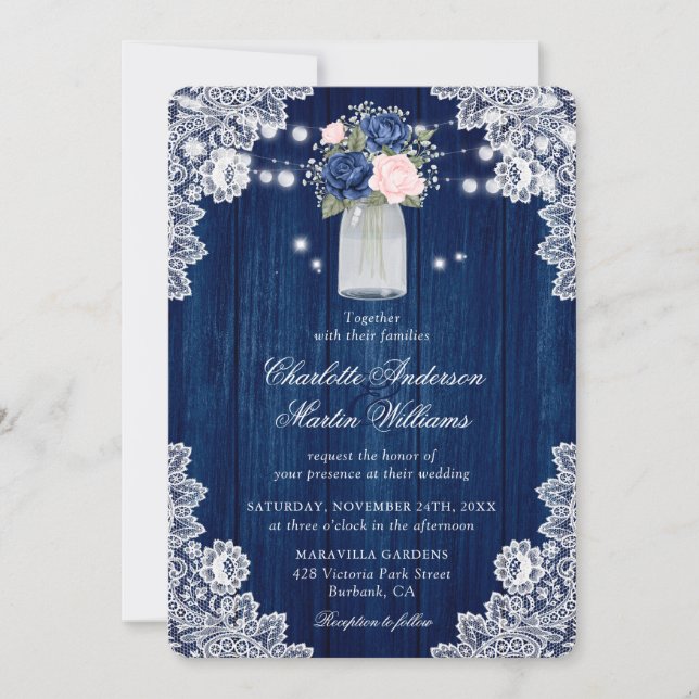 Elegant Navy Blue Blush Rustic Floral Wedding Invitation (Front)
