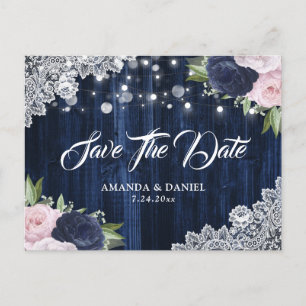 Elegant Navy Blue Blush Save The Date Postcard