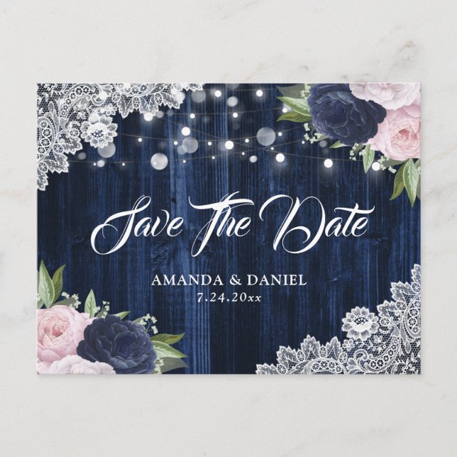 Elegant Navy Blue Blush Save The Date Postcard (Front)