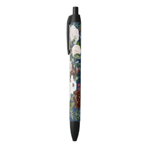 Elegant Navy Blue Blush Watercolor Floral Wedding Black Ink Pen