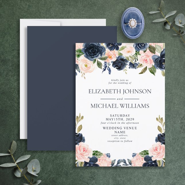 Elegant Navy Blue Blush Watercolor Floral Wedding Invitation (Creator Uploaded)