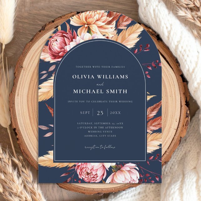 Elegant Navy Blue Boho Chic Floral Wedding Invitation (Creator Uploaded)