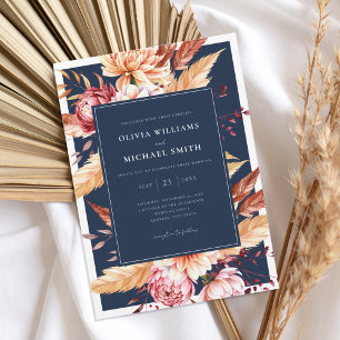 Elegant Navy Blue Boho Chic Floral Wedding Invitation