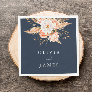 Elegant Navy Blue Boho Chic Floral Wedding Napkin