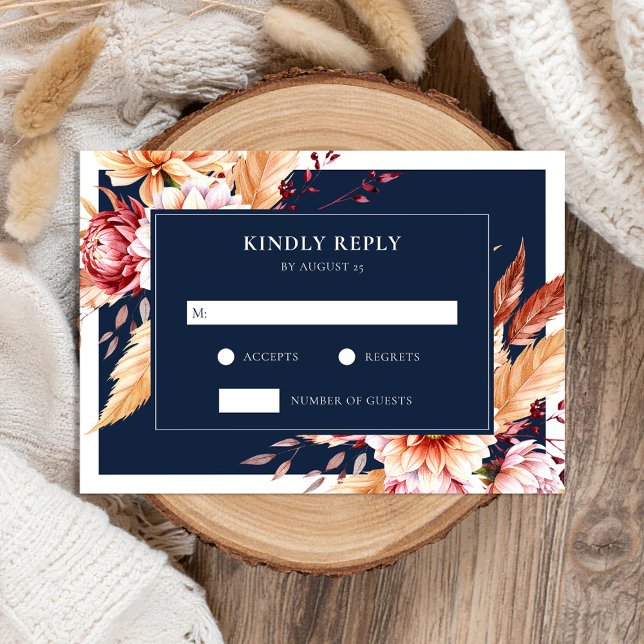 Elegant Navy Blue Boho Chic Floral Wedding RSVP Card (Creator Uploaded)
