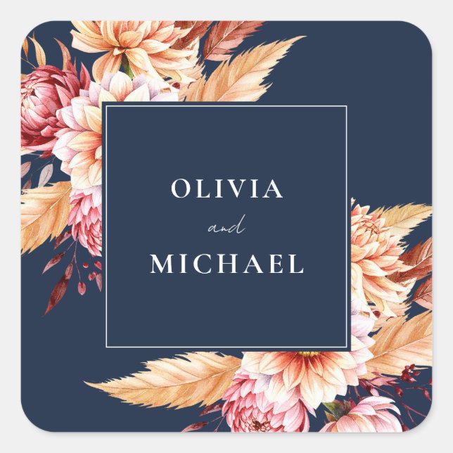 Elegant Navy Blue Boho Chic Floral Wedding Square Sticker (Front)