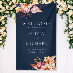 Elegant Navy Blue Boho Chic Floral Wedding Welcome Banner