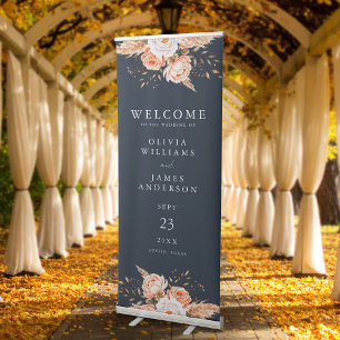 Elegant Navy Blue Boho Chic Floral Wedding Welcome Retractable Banner