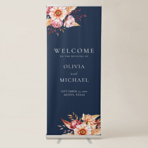 Elegant Navy Blue Boho Chic Floral Wedding Welcome Retractable Banner