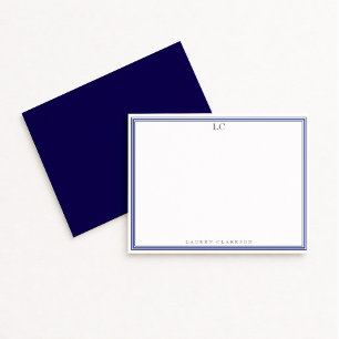 Elegant Navy Blue Border Monogram Stationery Note  Invitation