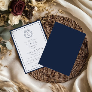 Elegant Navy Blue botanical crest monogram wedding Invitation