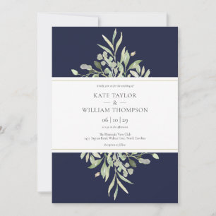 Elegant Navy Blue Botanical Greenery Wedding Invitation