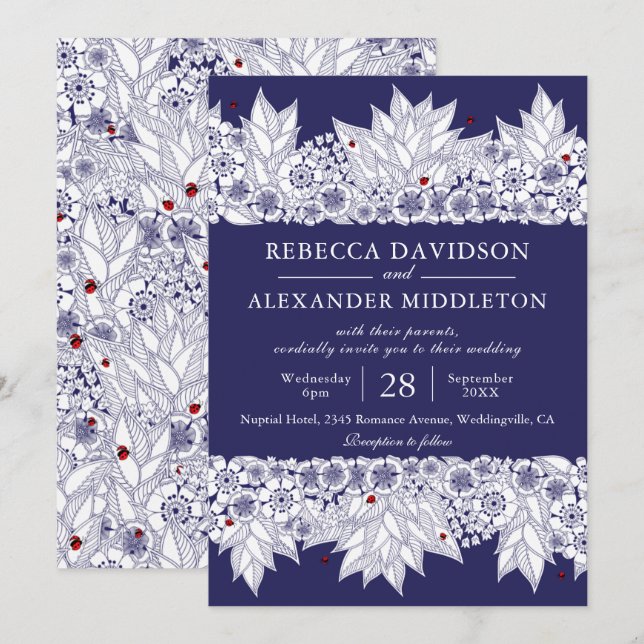 Elegant Navy Blue Botanical Wedding Invitation (Front/Back)