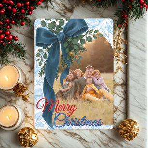 Elegant Navy Blue Bow & Fresh Greenery Photo Holiday Card