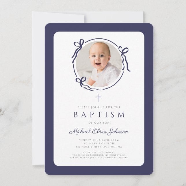 Elegant Navy Blue Bow Photo Boy Baptism Invitation (Front)