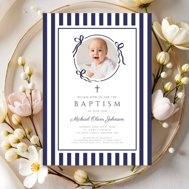 Elegant Navy Blue Bow Photo Boy Baptism Invitation (Elegant Navy Blue Bow Photo Boy Baptism Invitation)