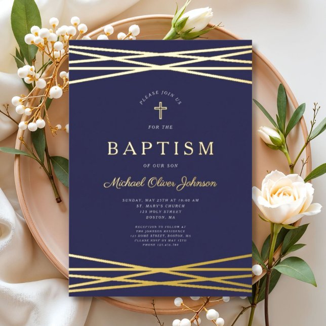 Elegant Navy Blue Boy Baptism Gold (Elegant Navy Blue Boy Baptism Gold Foil Invitation)