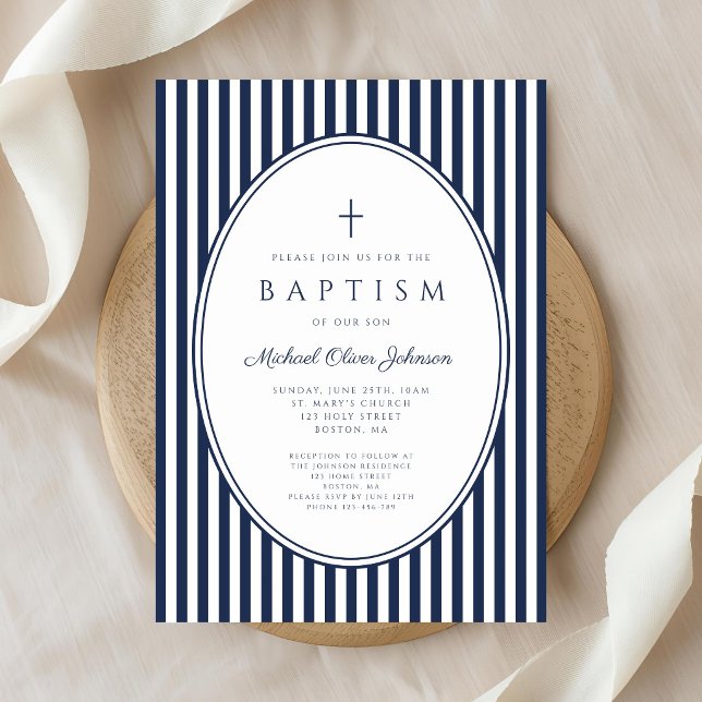 Elegant Navy Blue Boy Baptism Invitation (Elegant Navy Blue Striped Boy Baptism Invitation)