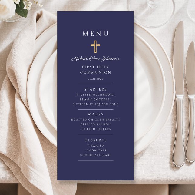 Elegant Navy Blue Boy First Communion Menu (Elegant Navy Blue Boy First Communion Menu)