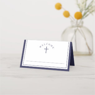 Elegant Navy Blue Boy First Communion Place Card
