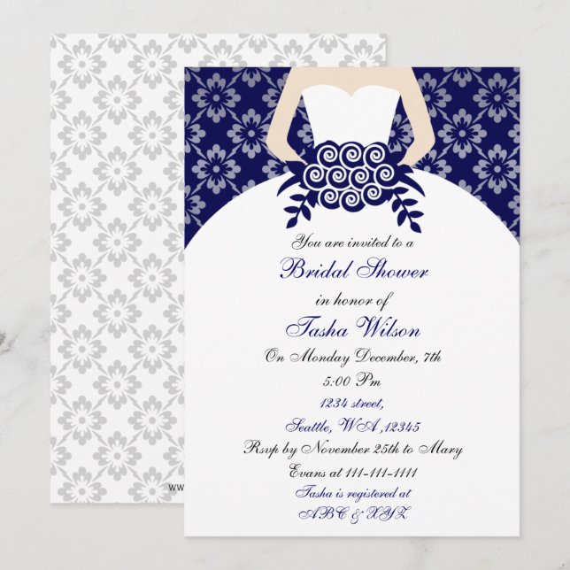 Elegant navy blue Bridal Shower Invitation (Front/Back)