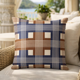 Elegant Navy Blue Brown Geometric Check Cushion